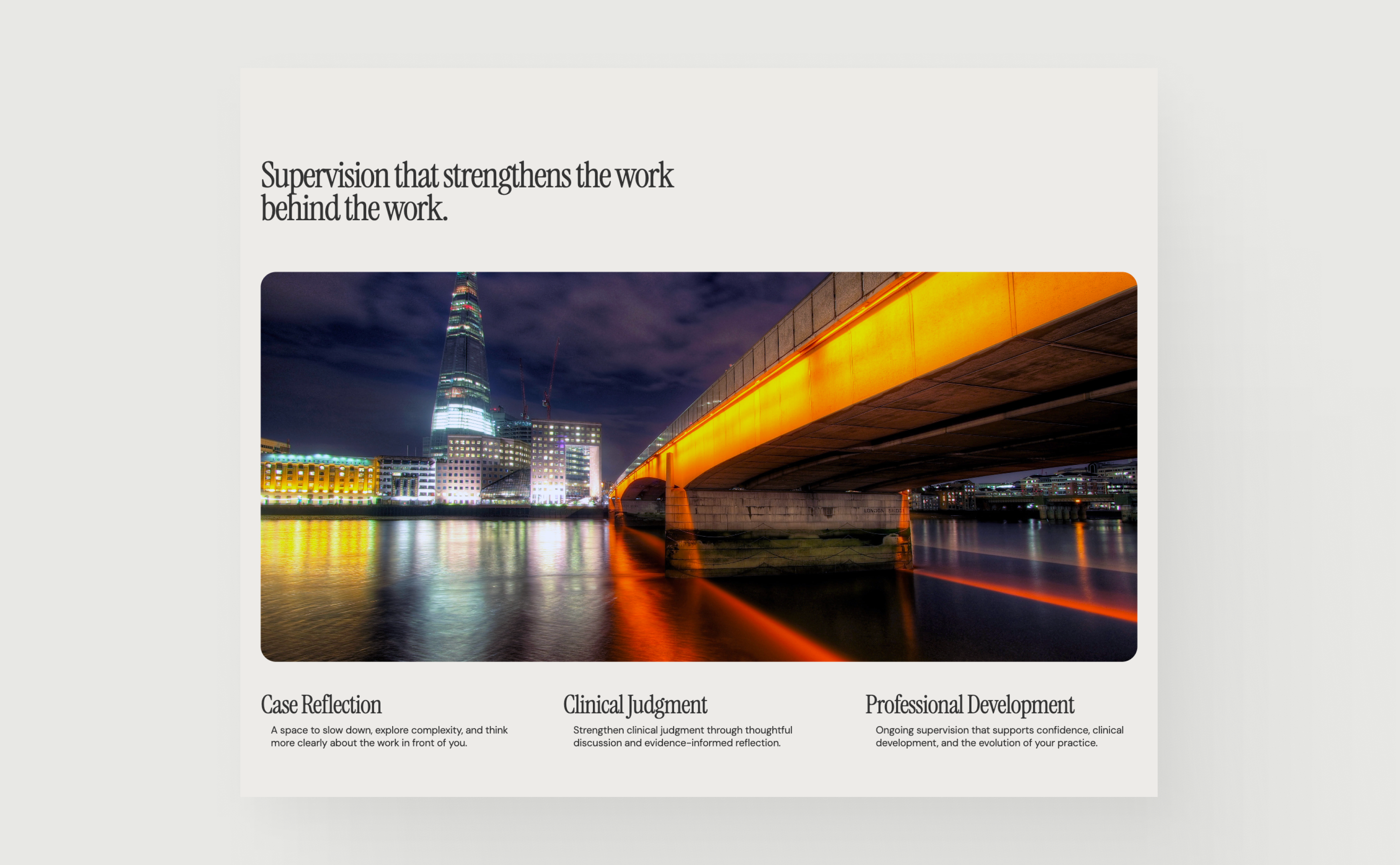 NY/LON Psychology supervision page with London bridge photography