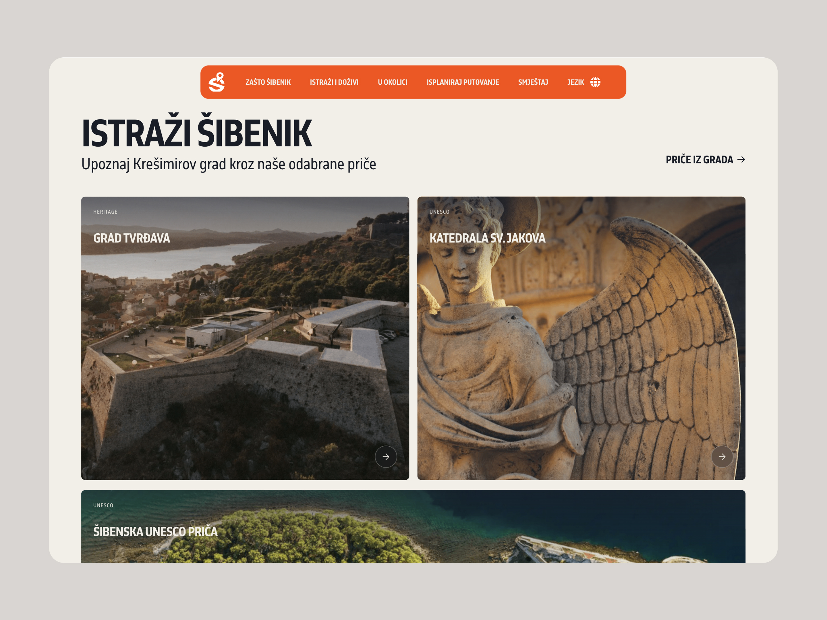 Visit Šibenik story discovery section with fortress, cathedral, and UNESCO editorial cards