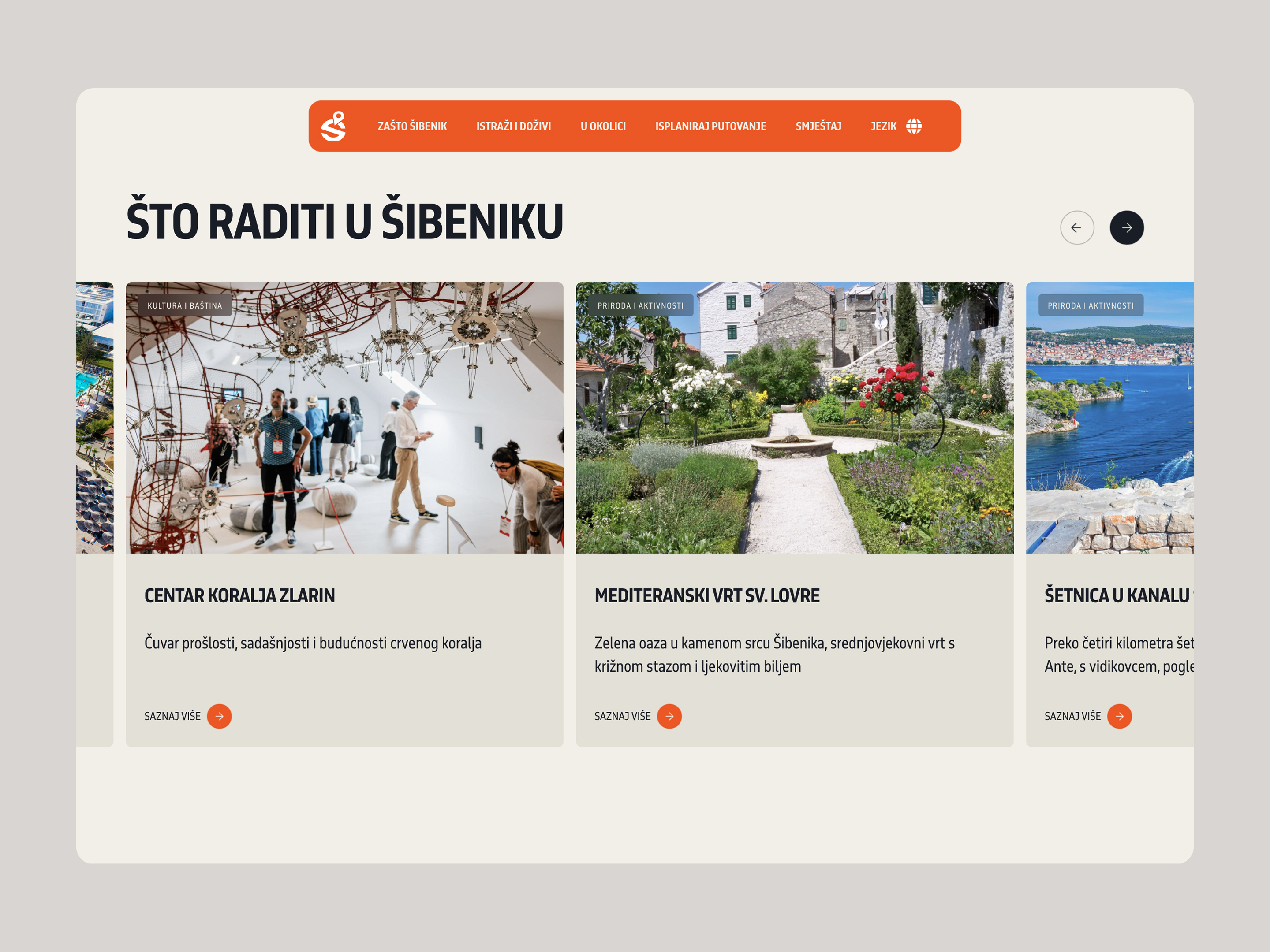 Visit Šibenik experience carousel with culture, heritage, nature, and activity cards