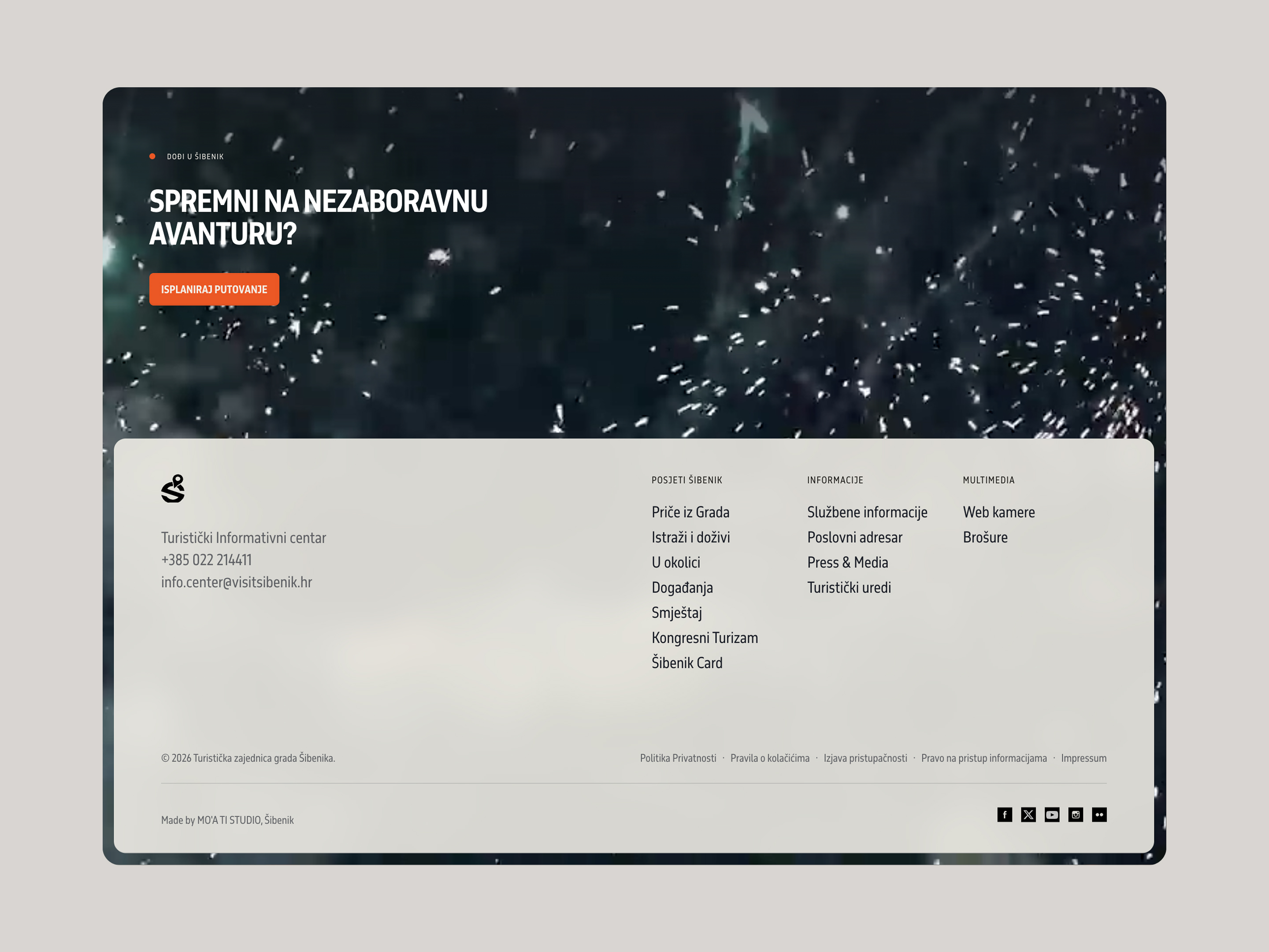 Visit Šibenik call to action and structured destination footer over a cinematic night scene