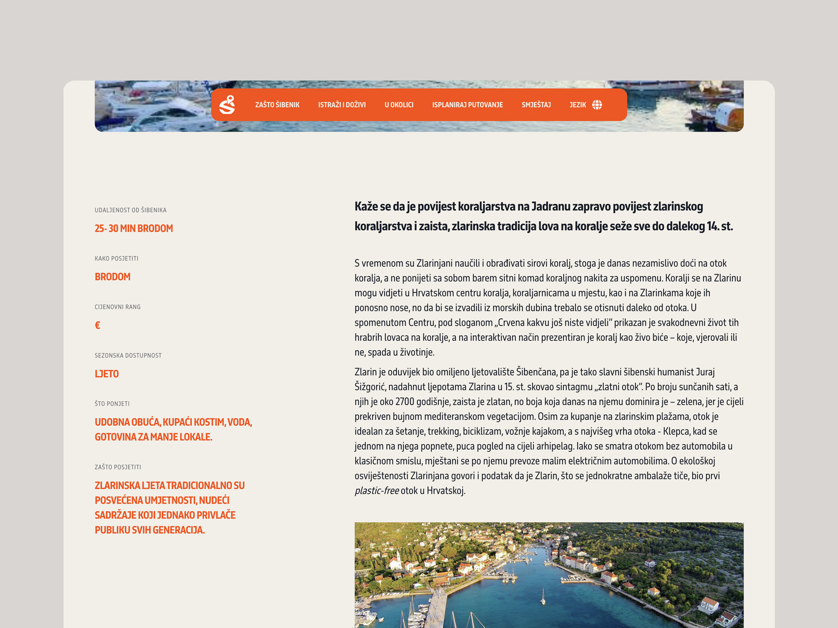 Visit Šibenik destination detail page with practical trip metadata beside editorial content