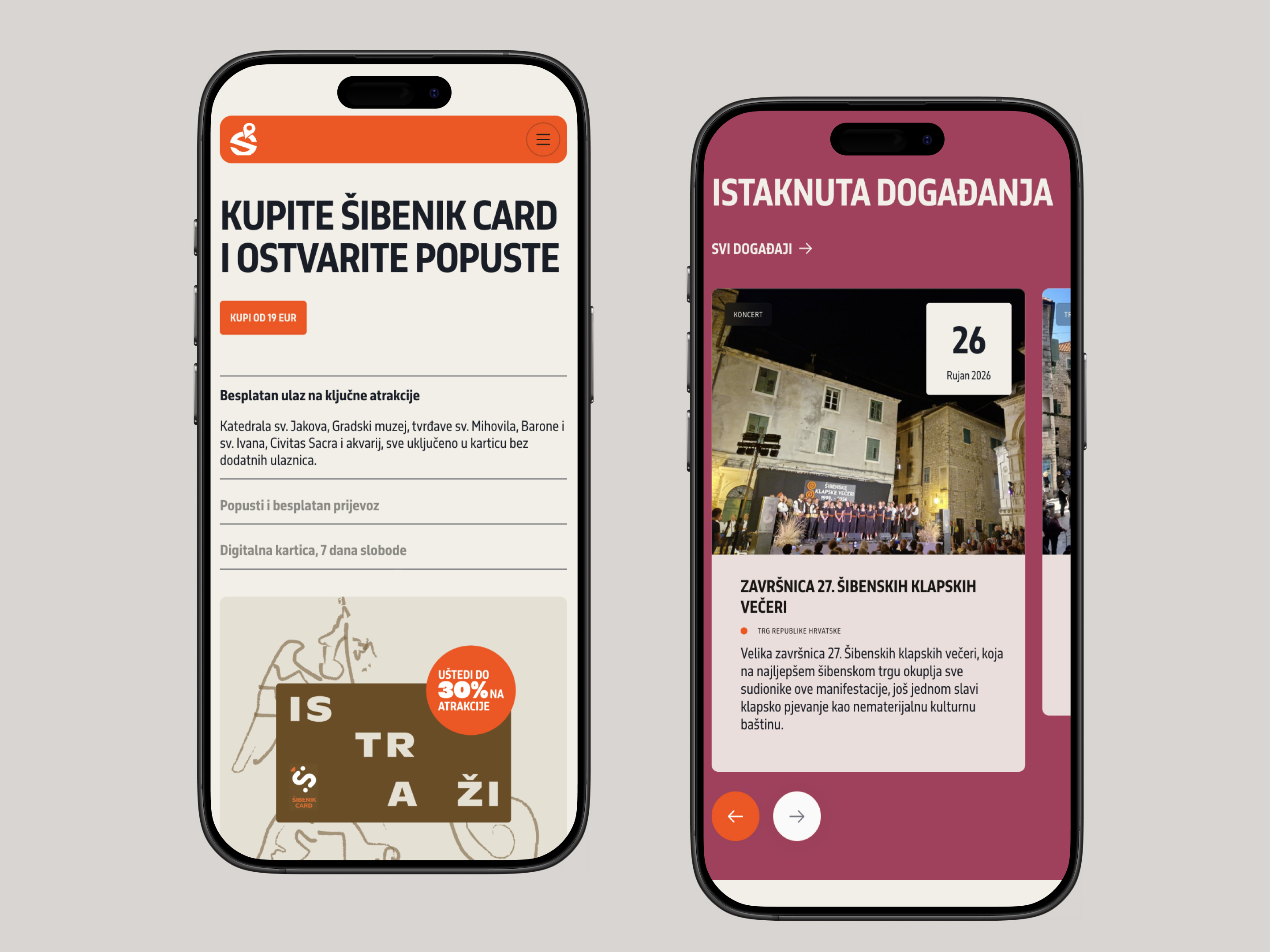 Visit Šibenik mobile layouts for Šibenik Card and featured events