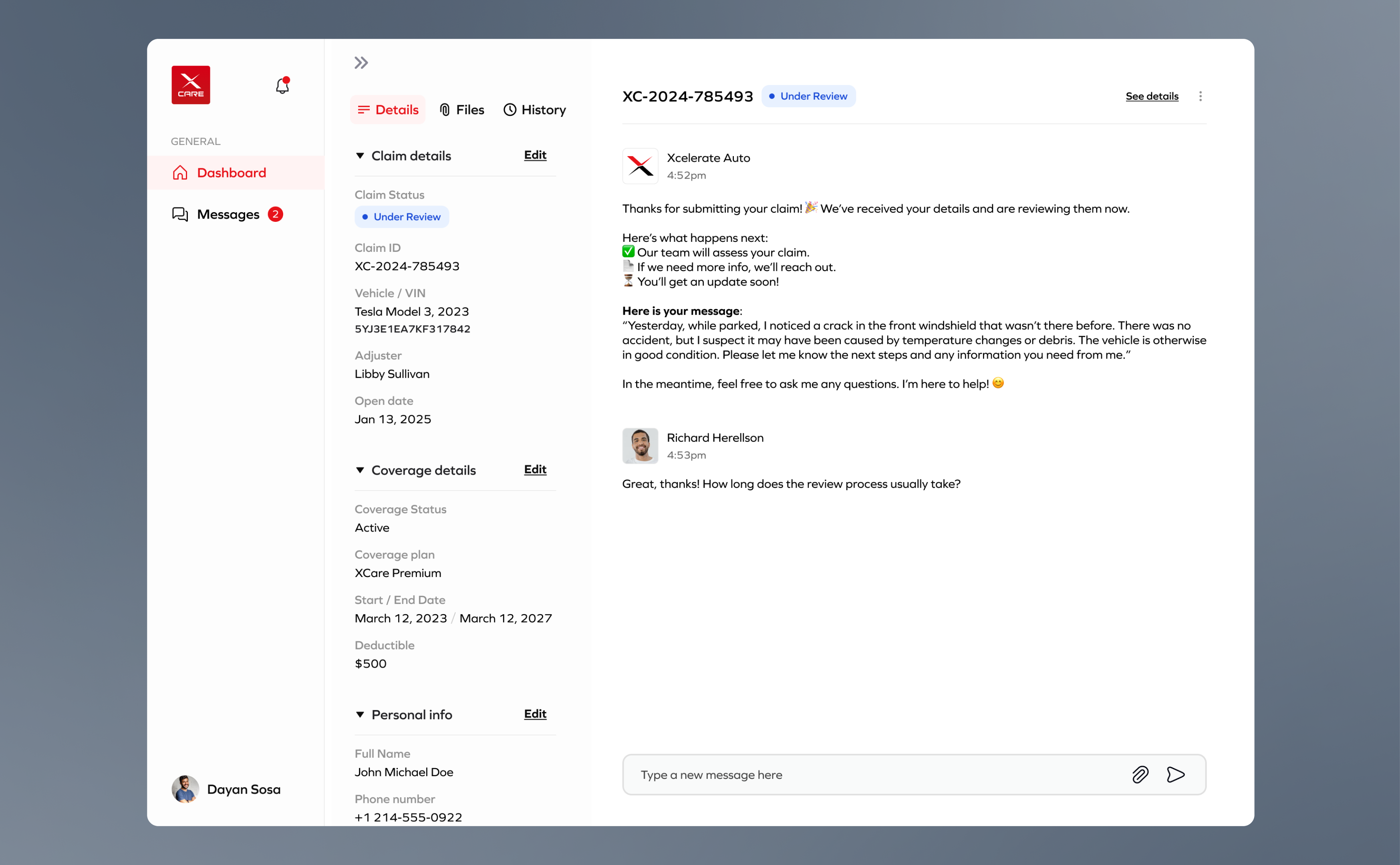 XCare claim detail with policy context beside the customer message thread