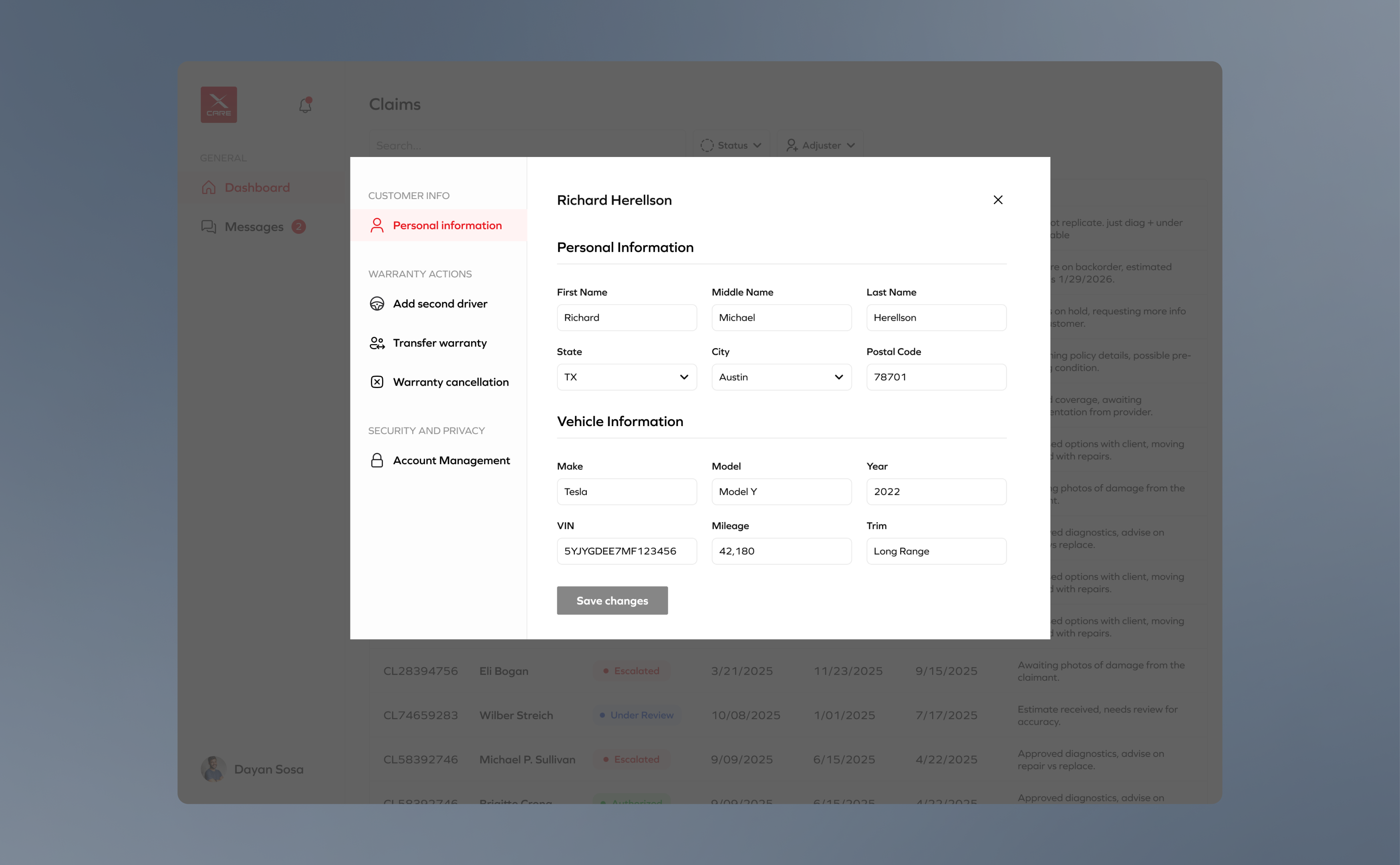 XCare customer record with warranty actions for second driver, transfer and cancellation