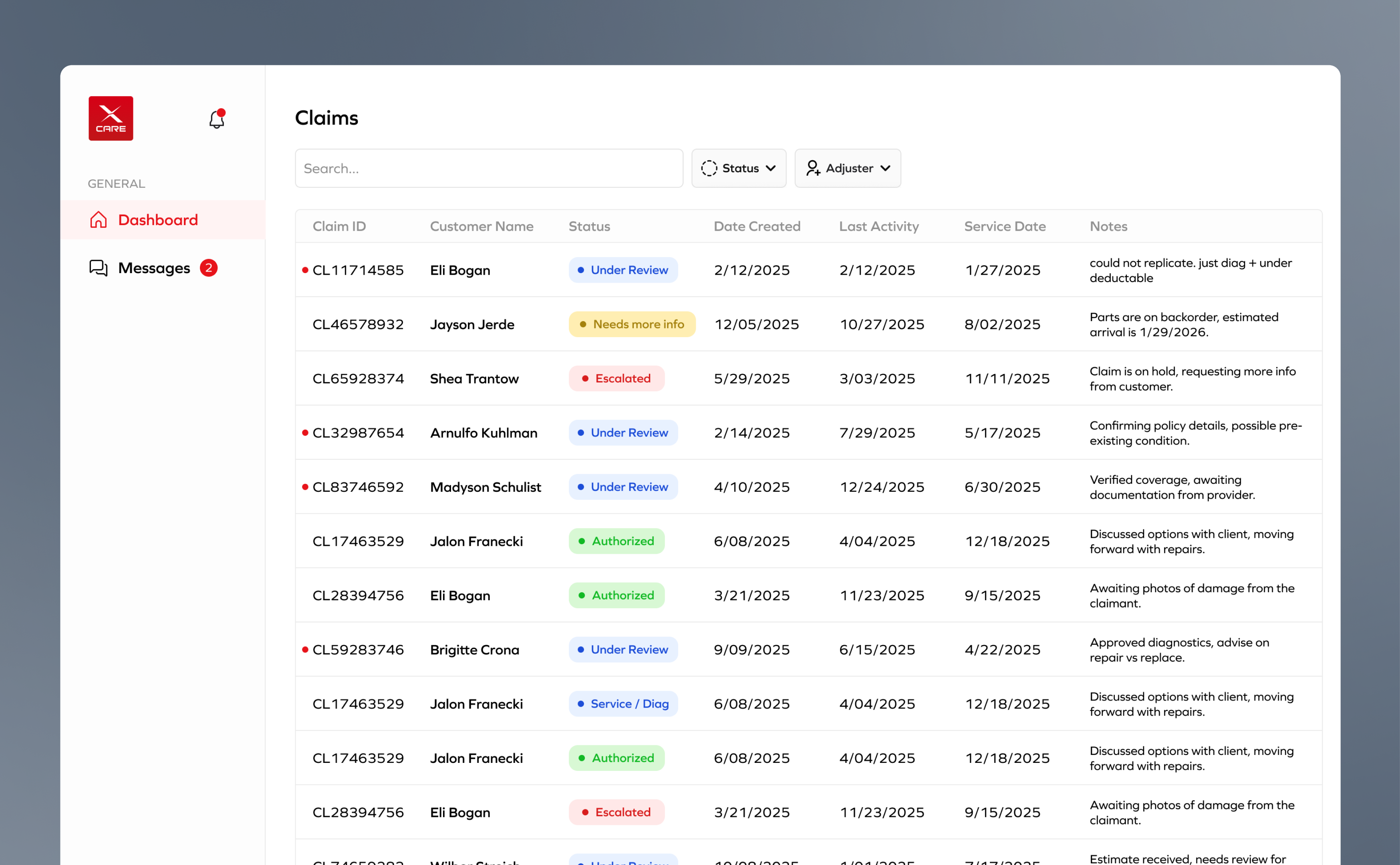 XCare claims queue showing status and adjuster filters