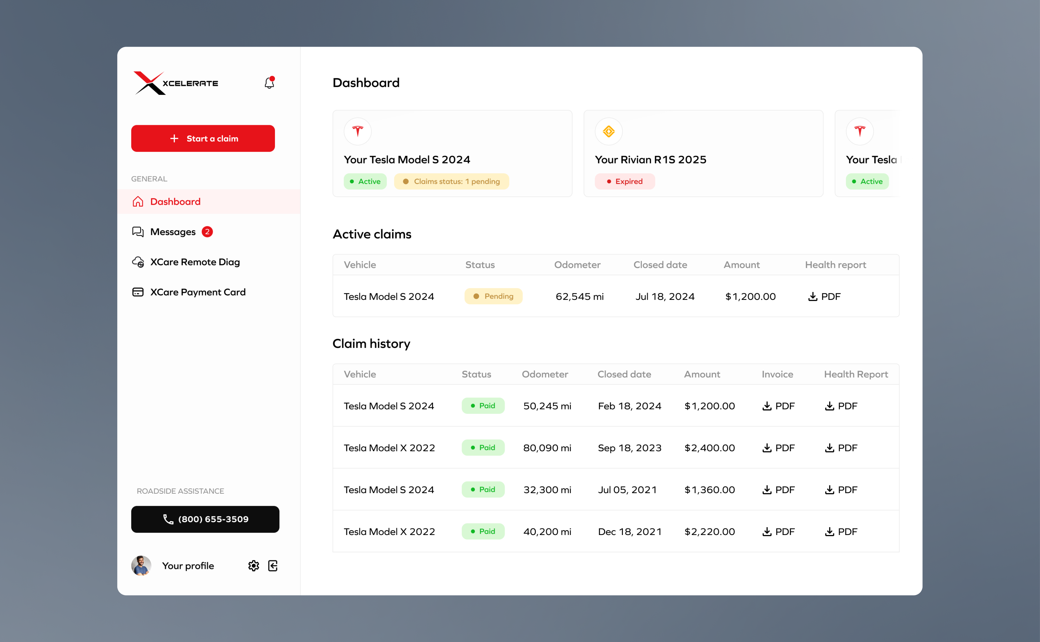 XCare customer portal showing vehicles, active claims and claim history