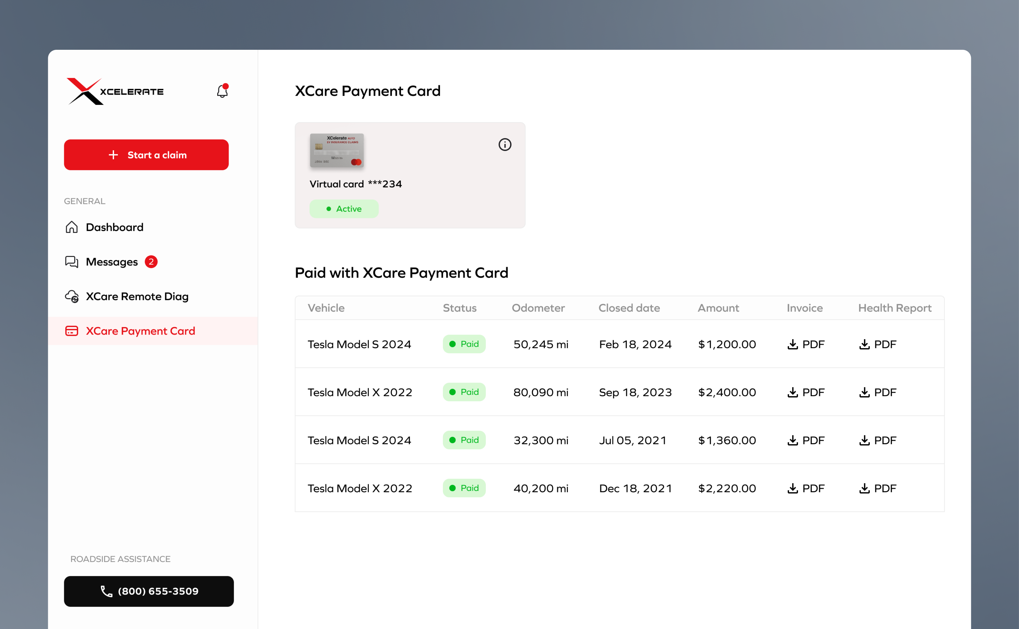 XCare payment card in the customer portal with past payments