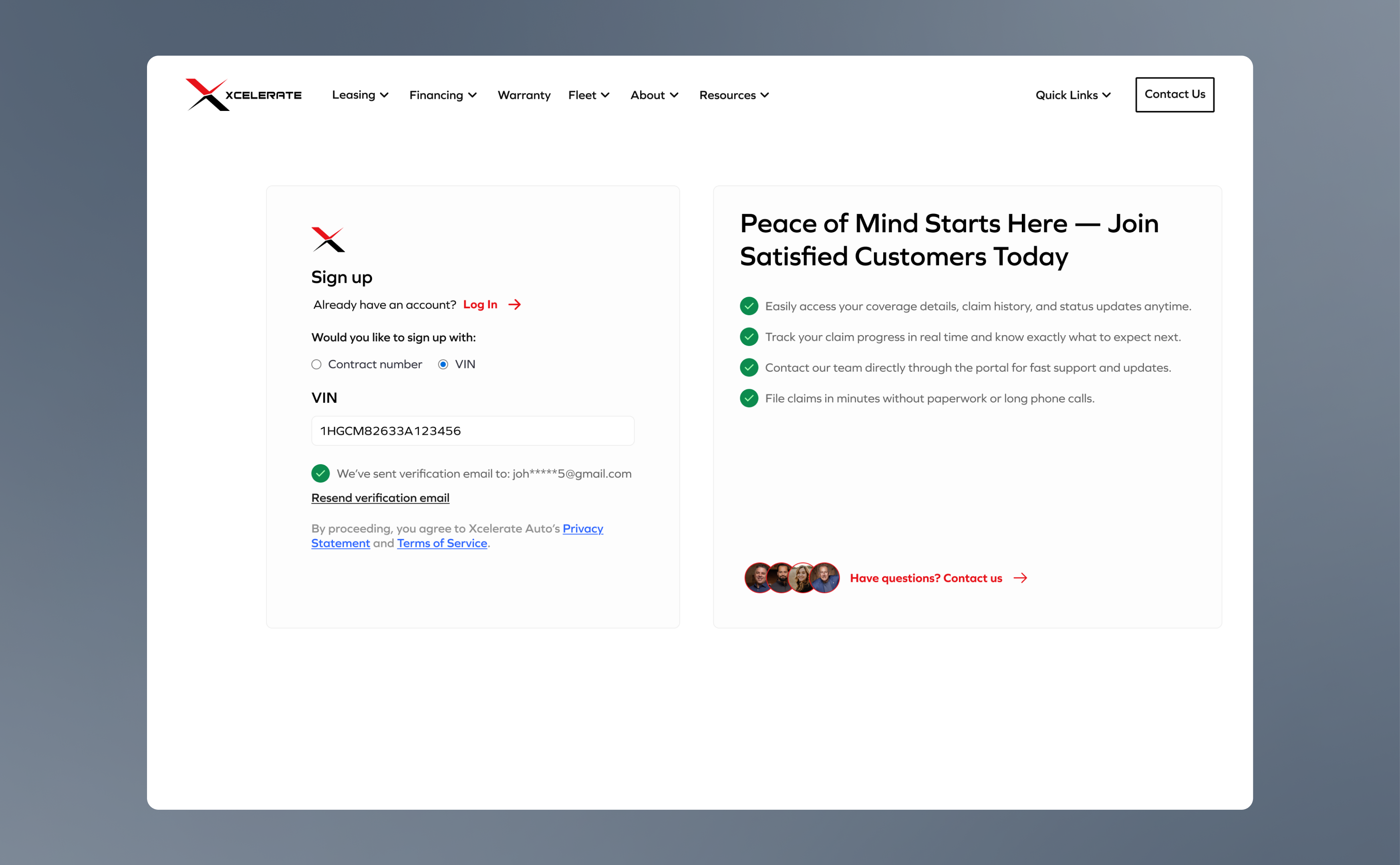 XCare portal signup using VIN or contract number