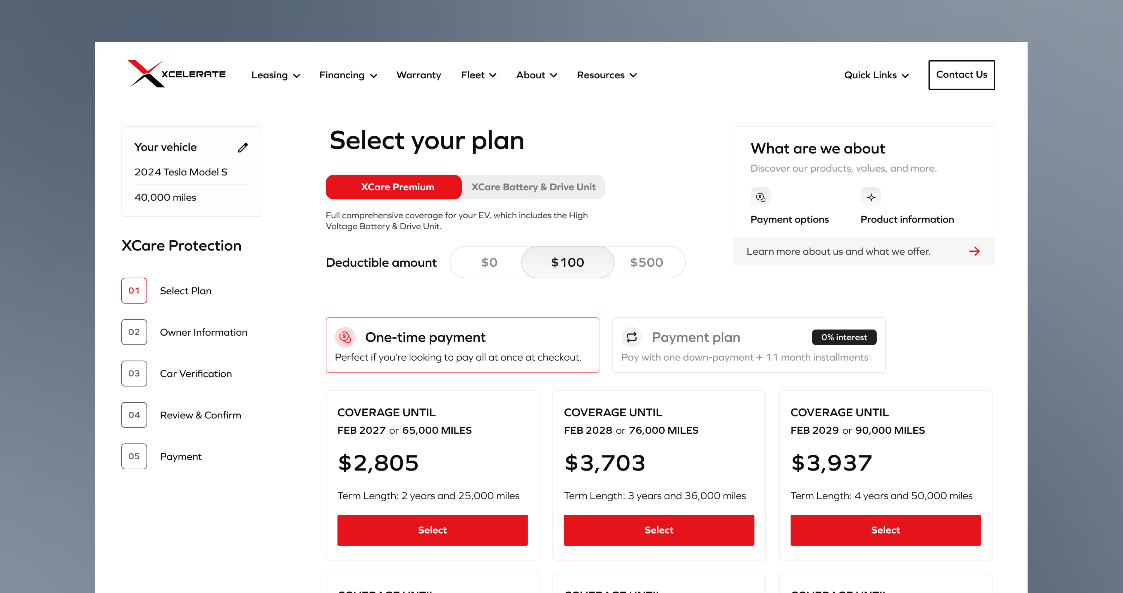 XCare plan selection screen with coverage terms and pricing