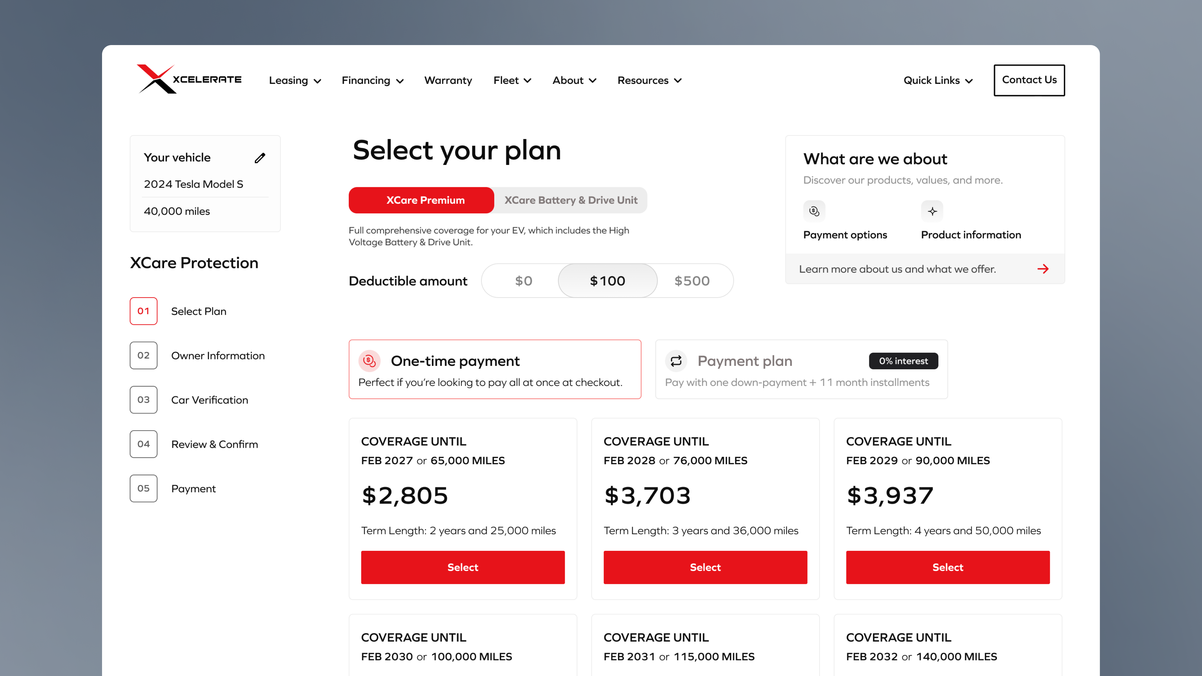 XCare plan selection screen with coverage terms and pricing