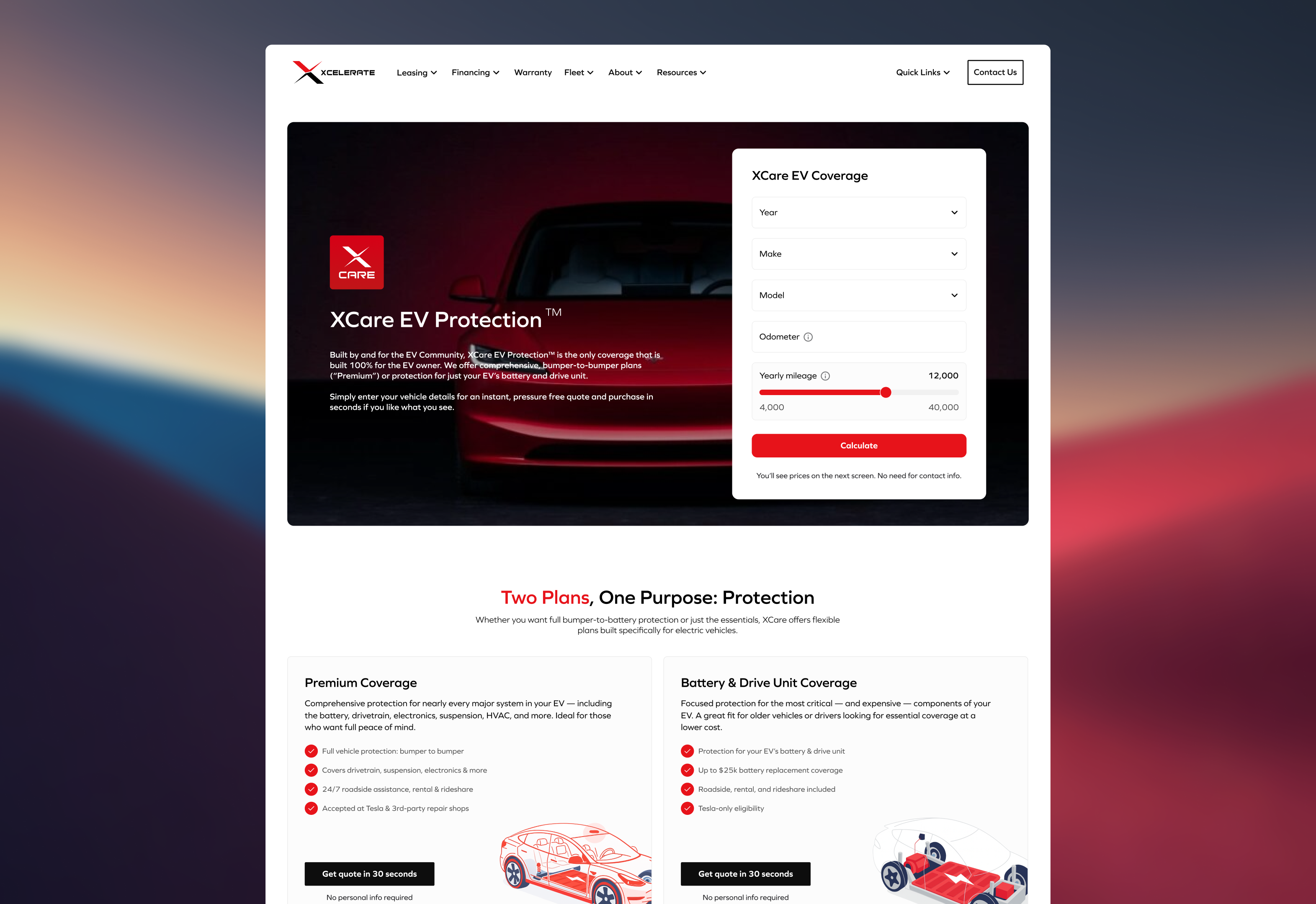 XCare homepage with the quote calculator in the hero