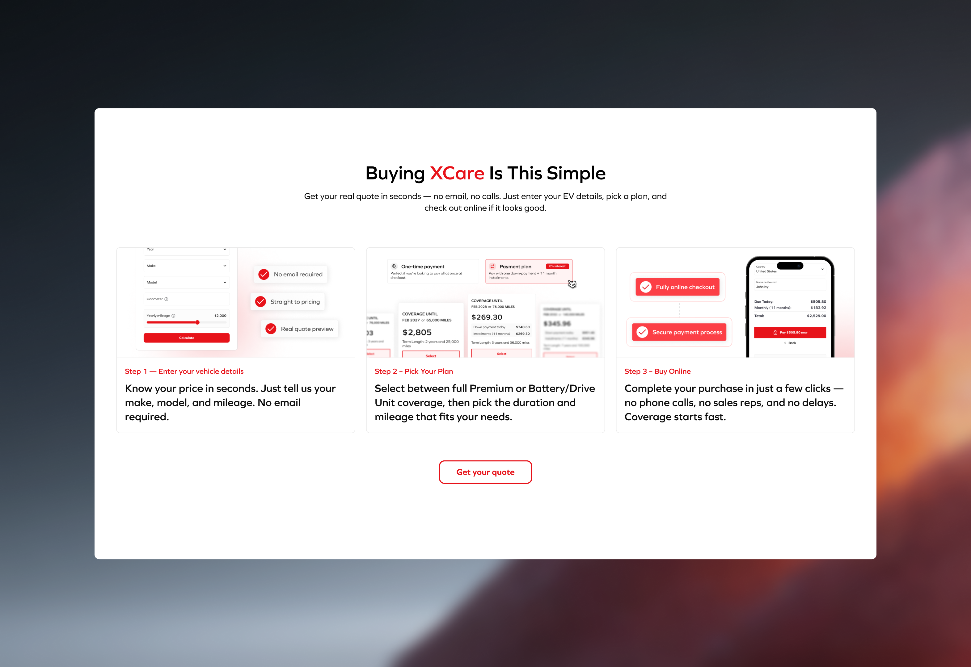 XCare site section showing the three-step buying process